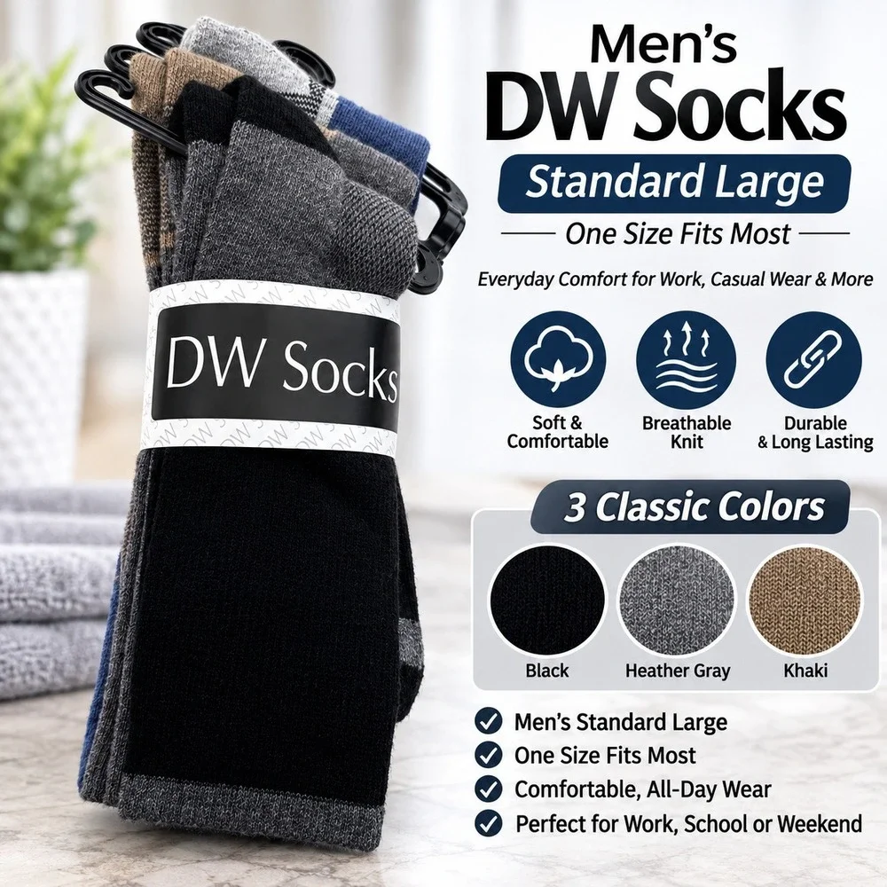 DW Socks Mens Standard Large 3 Pack Black Heather Gray Khaki Crew Dress Socks